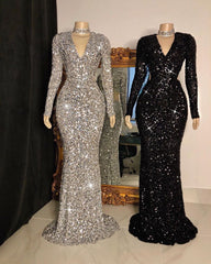 Sparkly Sequins Long Sleeve V-Neck Fashion Prom Dress