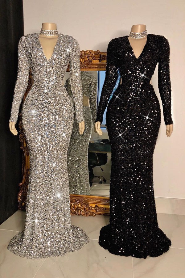 Sparkly Sequins Long Sleeve V-Neck Fashion Prom Dress