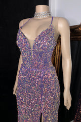 Sparkly Sequins Spaghetti Straps Side Slit Open Back Prom Dress