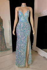 Sparkly Sequins Spaghetti Straps Side Slit Open Back Prom Dress