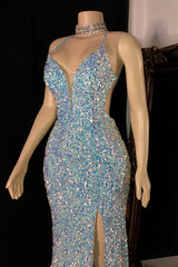 Sparkly Sequins Spaghetti Straps Side Slit Open Back Prom Dress