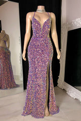 Sparkly Sequins Spaghetti Straps Side Slit Open Back Prom Dress