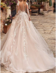 Aimishang Formal Wedding Dresses A-Line V Neck Long Sleeve Court Train Tulle Bridal Gowns With Pleats Appliques