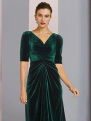 Aimishang  A-Line Mother of the Bride Dress Wedding Guest Elegant High Low V Neck Asymmetrical Tea Length Velvet Short Sleeve with Ruched