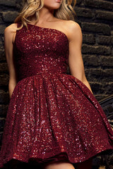 A Line One Shoulder Sparkling Wine Red Homecoming Dresses