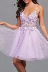 A-line V-neck lace sticker cute short Homecoming dress