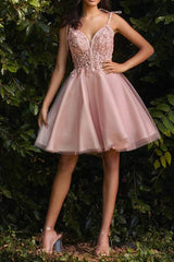 A-line V-neck lace sticker cute Homecoming Dresses