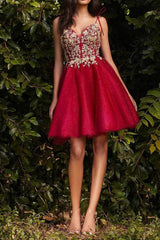A-line V-neck lace sticker cute Homecoming Dresses