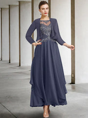 Two Piece A-Line Plus Size Curve Mother of the Bride Dress Elegant Jewel Neck Ankle Length Chiffon Lace Short Sleeve Wrap Included with Ruched Appliques
