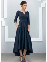 Aimishang  A-Line Mother of the Bride Dress Elegant High Low V Neck Asymmetrical Ankle Length Satin Half Sleeve with Pleats