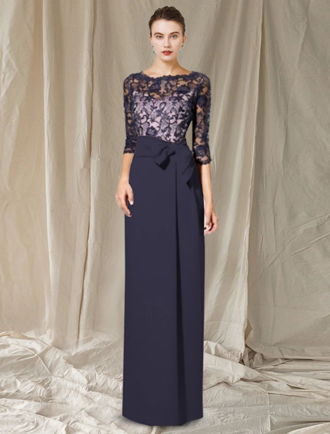 Aimishang  Sheath / Column Mother of the Bride Dress Elegant Jewel Neck Floor Length Chiffon Lace 3/4 Length Sleeve with Bow(s) Color Block