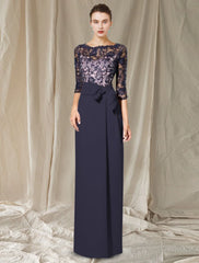 Aimishang  Sheath / Column Mother of the Bride Dress Elegant Jewel Neck Floor Length Chiffon Lace 3/4 Length Sleeve with Bow(s) Color Block