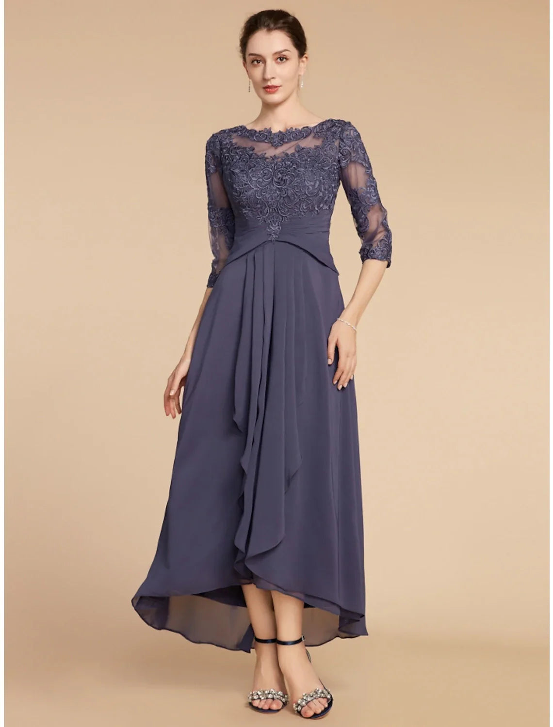 Aimishang A-Line Mother of the Bride Dress Wedding Guest Elegant Scoop Neck Ankle Length Chiffon Lace 3/4 Length Sleeve with Ruching Solid Color