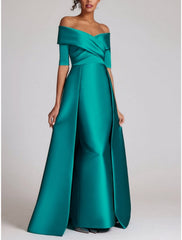 Sheath / Column Evening Gown Elegant Dress Formal Sweep / Brush Train Half Sleeve Off Shoulder Satin with Ruched 2025