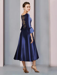 Aimishang A-Line Mother of the Bride Dress Formal Wedding Guest Elegant Bateau Neck Tea Length Satin 3/4 Length Sleeve