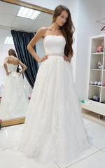 Strapless A-Line Lace Wedding Dress With Beading on Waist