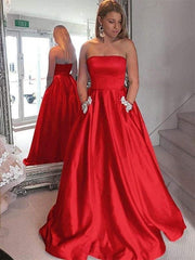 Strapless Beading Satin Evening Party Dresses With Pockets