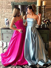 Strapless Beading Satin Evening Party Dresses With Pockets