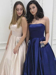 Strapless Beading Satin Evening Party Dresses With Pockets