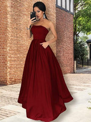 Strapless Sleeveless Floor-Length A-line With Ruffles Satin Dresses