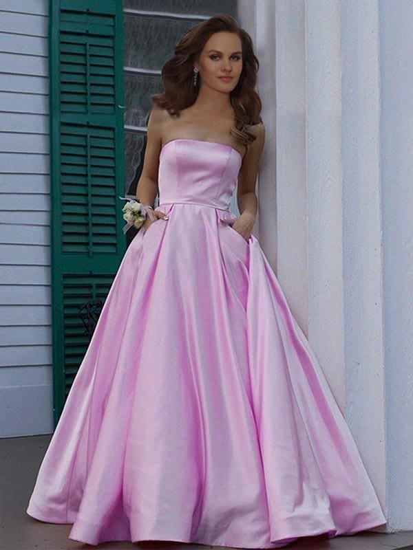 Strapless Sleeveless Floor-Length A-line With Ruffles Satin Dresses