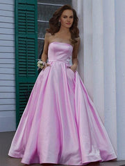 Strapless Sleeveless Floor-Length A-line With Ruffles Satin Dresses