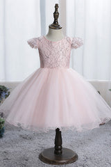 Stunning Blue Short Sleeves Jewel Flower Girl Dress with Appliques