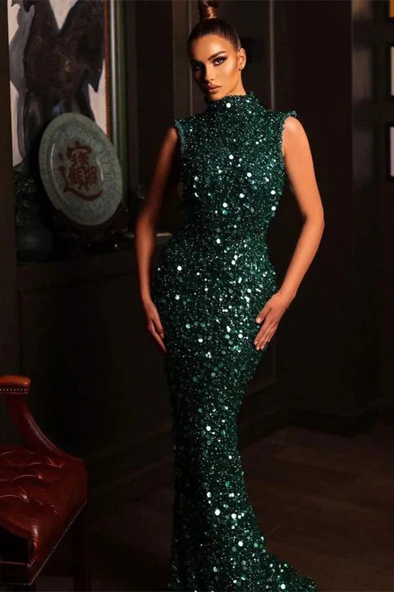 Stunning Dark Green High Neck Sleeveless Mermaid Evening Party Gowns Sequins Long