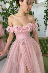 Stunning Dusty Pink Off-the-Shoulder Evening Dress Long Tulle With Flowers