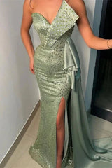 Stunning Dusty Sage Sleeveless Mermaid Evening Party Gowns Long Split With Beads Sequins