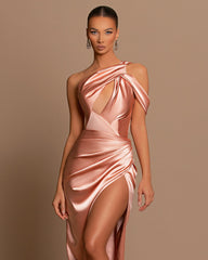 Stunning Long One Shoulder Mermaid Satin Evening Prom Dress With Slit