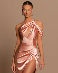 Stunning Long One Shoulder Mermaid Satin Evening Prom Dress With Slit