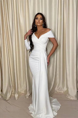 Stunning Long Sleeve Off-the-Shoulder White Evening Dress Mermaid Long With Pleats