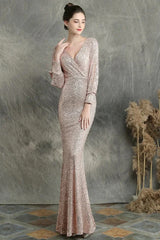 Stunning Long Sleeve Sequins Prom Dress Mermaid Evening Party Gowns