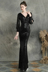 Stunning Long Sleeve Sequins Prom Dress Mermaid Evening Party Gowns