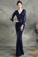 Stunning Long Sleeve Sequins Prom Dress Mermaid Evening Party Gowns