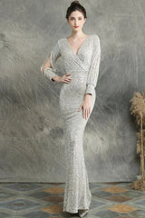 Stunning Long Sleeve Sequins Prom Dress Mermaid Evening Party Gowns