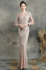 Stunning Long Sleeve Sequins Prom Dress Mermaid Evening Party Gowns