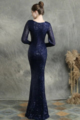 Stunning Long Sleeve Sequins Prom Dress Mermaid Evening Party Gowns