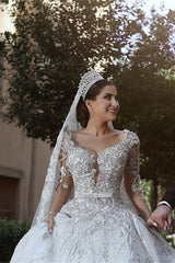 Stunning Long Sleeves Ball Gown Wedding Dress With Beads Lace Appliques