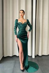 Stunning Long Sleeves Dark Green Mermaid Evening Dress Split With Sequins