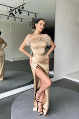 Stunning Strapless Feather Mermaid Evening Dress With Slit