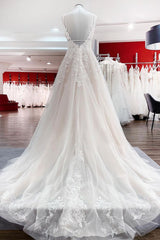 Stunning Tulle A-line V-neck Wedding Dress with Ruffles and Lace Appliques