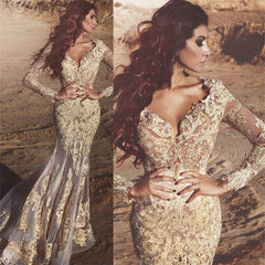 Stylish Gold Champagne Long Sleeve V-Neck Appliques Prom Dress