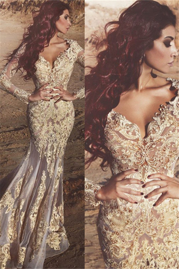 Stylish Gold Champagne Long Sleeve V-Neck Appliques Prom Dress