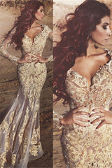 Stylish Gold Champagne Long Sleeve V-Neck Appliques Prom Dress