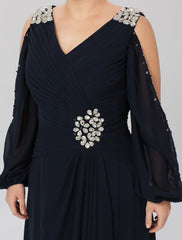 Aimishang  Sheath / Column Mother of the Bride Dress Plus Size Elegant High Low V Neck Asymmetrical Chiffon Stretch Satin Long Sleeve with Criss Cross Crystals