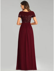 A-Line Bridesmaid Dress Jewel Neck Short Sleeve Elegant Floor Length Chiffon with Sash / Ribbon / Sequin / Sparkle & Shine