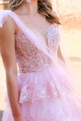 Tie Straps Light Blue Plunging Neck Layered Prom Dress with Appliques