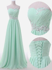 Sweetheart Sky Blue Chiffon Prom Dresses Lace Beading Sweep Train Bridesmaid Dresses